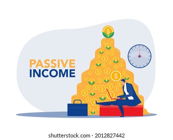 Passive income,businessman make money in front of a notebook as money background.vector Illustration