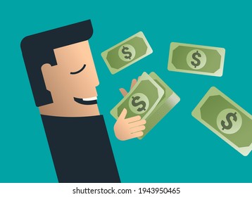 Passive incomes. Business man dreaming about money. Abstract vector illustration