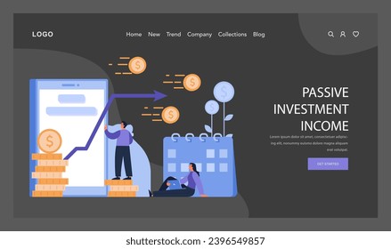 Passive Investment Income dark or night mode web, landing. Earning steady revenue through smart investments. Long-term financial gain with minimal effort. Flat vector illustration