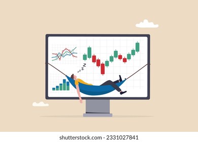 Passive investment, make money or earning with no activity, financial freedom or independence, relax rich businessman or wealth management concept, success investor sleep on financial graph computer.