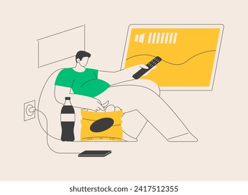 Passive lifestyle abstract concept vector illustration. Sedentary time spending, inactive lifestyle, eating junk food, watching soap operas, spend lazy day, passive income abstract metaphor.