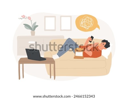 Passive lifestyle isolated concept vector illustration. Sedentary time spending, inactive lifestyle, eating junk food, watching soap operas, spend lazy day, passive income vector concept.