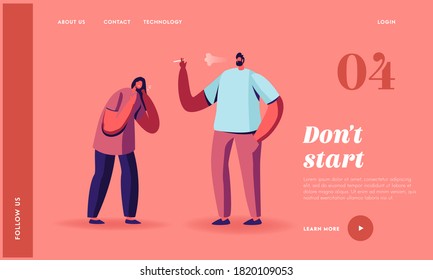Passive Second Hand Harm Smoking in Public Place Landing Page Template. Woman Coughing of Smoke Stand near Man Smoker with Cigarette. Character Unhealthy Bad Habit. Cartoon People Vector Illustration