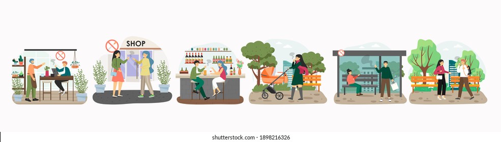 Passive smoke concept vector illustration. Man smokes next to pregnant woman at the bus stop. No smoking area, public place, bar. Tobacco and smoking cigarette addiction. Second hand smoke