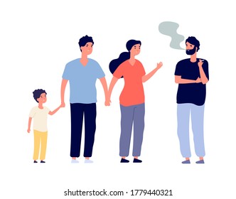 Passive smokers. Guy smoking in public place. Family with children and man with drug or nicotine addiction. Bad habit vector illustration