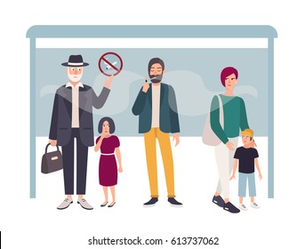 Passive smoking concept. Man smokes at a bus stop near non smoking people. Colorful vector illustration in flat style.