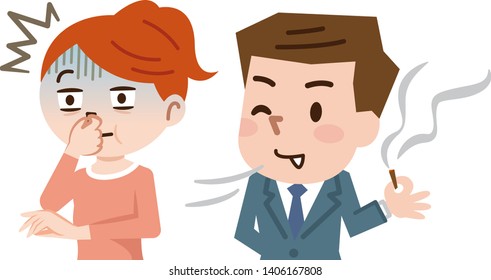 El concepto de tabaquismo pasivo. El hombre egoísta está fumando cigarrillo cerca de la mujer.