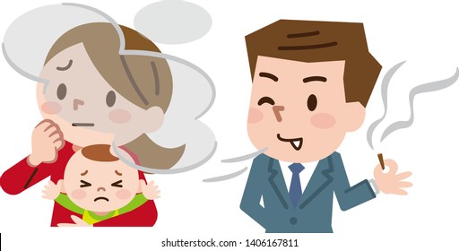 Passive smoking concept. Selfish man is smoking cigarette near woman and baby.