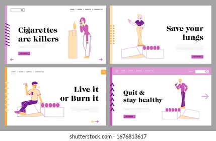Passive Smoking Social Problem Landing Page Template Set. Woman Man with Cigarettes Smoke in Public Place. People Characters Tobacco Addiction Unhealthy Bad Habit. Linear People Vector Illustration
