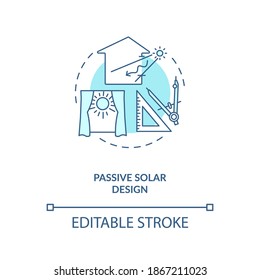 Passive solar design blue concept icon. Exposure to direct sunlight. Living space at home. Biophilia idea thin line illustration. Vector isolated outline RGB color drawing. Editable stroke