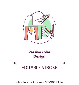 Passive solar design concept icon. Exposure to direct sunlight. Living space at home. Biophilia idea thin line illustration. Vector isolated outline RGB color drawing. Editable stroke