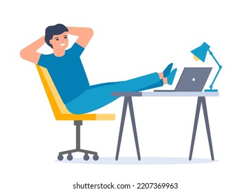 Passive work, man relax on computer. Man rest on workplace. Lazy tired person, break time. Vector illustration