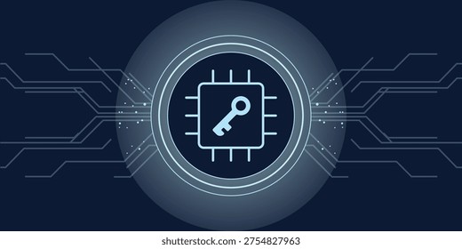 Passkey authentication chip. Minimal digital security chip with key icon inside circular verification ring. Connected authentication network and signal nodes. Passwordless login infrastructure visualization. Flat cybersecurity technology concept.