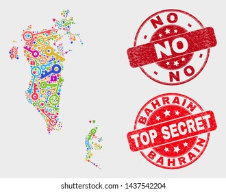Passkey Bahrain map and stamps. Red round Top Secret and No grunge stamps. Bright Bahrain map mosaic of different safety symbols. Vector combination for guard purposes.