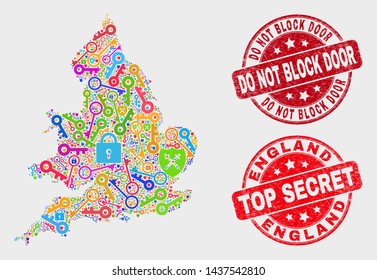 Passkey England Map And Watermarks. Red Round Top Secret And Do Not Block Door Scratched Watermarks. Colored England Map Mosaic Of Different Passkey Icons. Vector Combination For Security Purposes.