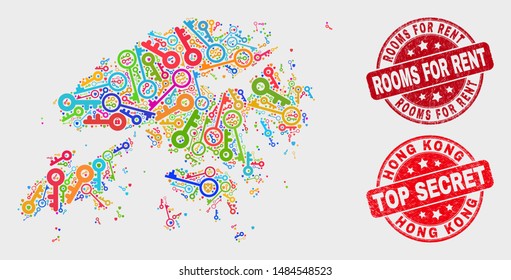 Passkey Hong Kong map and seal stamps. Red round Top Secret and Rooms for Rent distress seal stamps. Colorful Hong Kong map mosaic of different keeper elements. Vector composition for guard purposes.