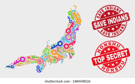 Passkey Honshu Island map and stamps. Red rounded Top Secret and Save Indians grunge stamps. Colored Honshu Island map mosaic of different guard icons. Vector composition for guard purposes.