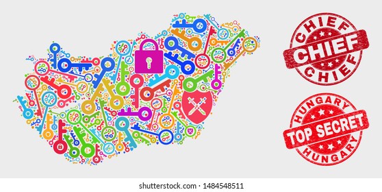 Passkey Hungary map and seals. Red rounded Top Secret and Chief distress seals. Colored Hungary map mosaic of different safety symbols. Vector composition for guard purposes.