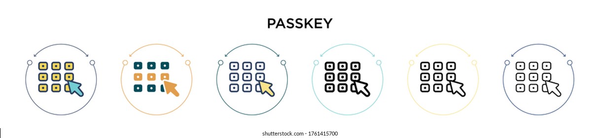 Passkey icon in filled, thin line, outline and stroke style. Vector illustration of two colored and black passkey vector icons designs can be used for mobile, ui, web