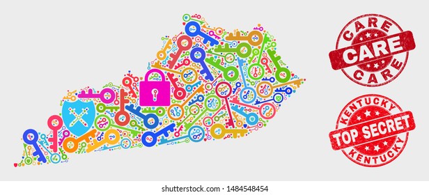 Passkey Kentucky State map and seal stamps. Red round Top Secret and Care textured seal stamps. Colorful Kentucky State map mosaic of different lock symbols. Vector collage for keeping purposes.
