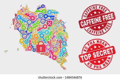 Passkey Ko Pha Ngan map and stamps. Red round Top Secret and Caffeine Free grunge stamps. Bright Ko Pha Ngan map mosaic of different access symbols. Vector collage for keeping purposes.