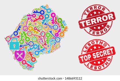 Passkey Lesotho map and seal stamps. Red round Top Secret and Terror distress seal stamps. Bright Lesotho map mosaic of different keeper symbols. Vector collage for keeping purposes.