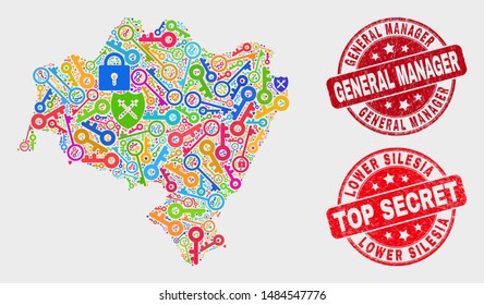 Passkey Lower Silesia Province map and seal stamps. Red rounded Top Secret and General Manager distress stamps. Bright Lower Silesia Province map mosaic of different guard icons.