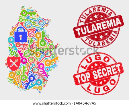 Passkey Lugo Province map and seals. Red round Top Secret and Tularemia grunge seals. Colored Lugo Province map mosaic of different privacy symbols. Vector combination for guard purposes.