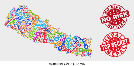 Passkey Nepal map and seal stamps. Red rounded Top Secret and No Risk textured seal stamps. Bright Nepal map mosaic of different protection icons. Vector collage for safety purposes.