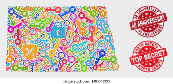 Passkey North Dakota State map and seals. Red rounded Top Secret and 40 Anniversary textured seals. Colorful North Dakota State map mosaic of different privacy symbols.
