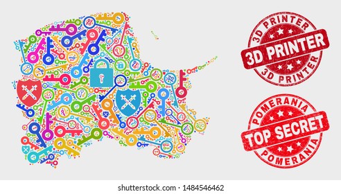Passkey Pomeranian Voivodeship map and stamps. Red round Top Secret and 3D Printer scratched stamps. Colored Pomeranian Voivodeship map mosaic of different guard items.