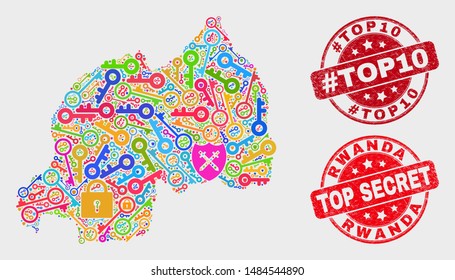 Passkey Rwanda map and seal stamps. Red round Top Secret and #Top10 grunge seal stamps. Colorful Rwanda map mosaic of different key symbols. Vector composition for security purposes.