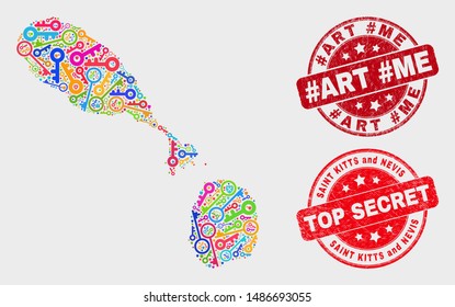 Passkey Saint Kitts and Nevis map and stamps. Red rounded Top Secret and #Art #Me grunge seal stamps. Colored Saint Kitts and Nevis map mosaic of different security elements.