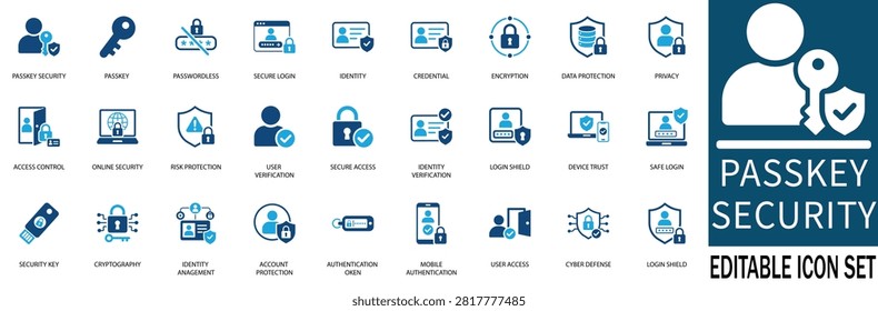 Passkey security and passwordless authentication icon set. Editable vector symbols for cybersecurity, user identity verification, login protection, and data privacy.