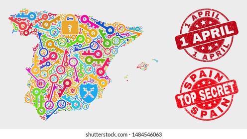 Passkey Spain map and seal stamps. Red rounded Top Secret and 1 April grunge seal stamps. Colorful Spain map mosaic of different passkey icons. Vector composition for safety purposes.