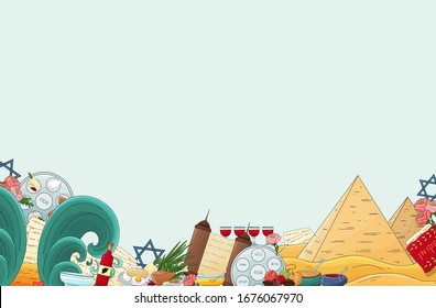 
Passover background. Happy Pesach backdrop, invitation template, greeting card. Jewish traditional passover icons. plate, four wine glass,matzah, star of David,pyramid, sea. Happy Passover holiday.