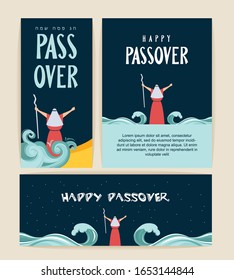 Passover banner and greeting card set. Seder pesach invitation, greeting card template or holiday flyers. Moses separate sea for Passover holiday, flat design vector set
