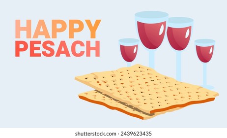 Passover banner. Pesach template with matzah and 4 wine glasses. Happy Passover Hebrew inscription. Hag Pesach Sameah. Jewish holiday background. Vector illustration.