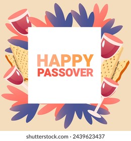 Passover banner. Pesach template matzah and spring flowers. Happy Passover inscription. Jewish holiday background. Vector illustration.