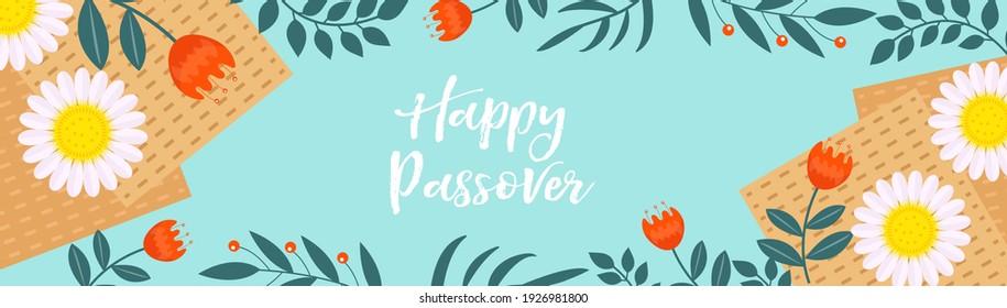 Passover banner. Pesach template for your design with matzah and spring flowers. Happy Passover inscription. Jewish holiday background. Vector illustration