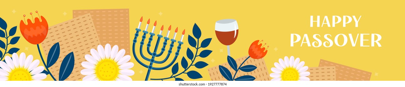 Passover banner. Pesach template for your design with matzah and spring flowers. Happy Passover inscription. Jewish holiday background. Vector illustration