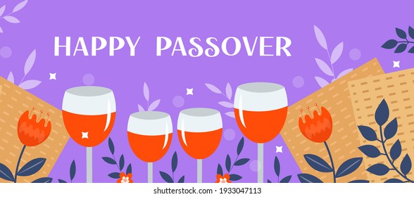 Passover banner. Pesach template for your design with matzah and spring flowers. Happy Passover inscription. Jewish holiday background. Vector illustration