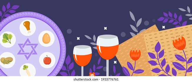 Passover banner. Pesach template for your design with matzah and spring flowers. Jewish holiday background. Vector illustration