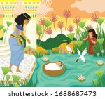 Passover biblical story of baby Moses in the basket floating on the Nile towards Pharaohs daughter with his sister Miriam watching behind the papyrus.