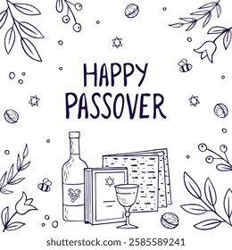 Passover card, banner, poster, invitation. Jewish holiday. Passover template for your design with matzah, wine bottle, glass, torah and spring flowers. Happy Passover inscription. Vector	
