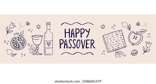 Passover card, banner, poster. Jewish holiday. Passover template for your design with matzah, bottle of wine, apple, pomegranate, nuts, spring flowers. Happy Passover inscription. Vector 