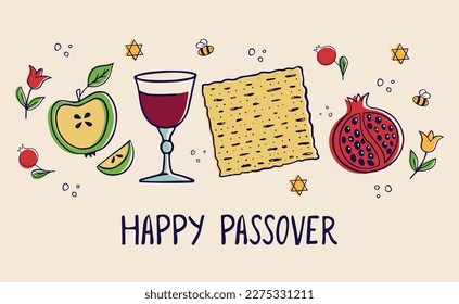 Passover card for the Jewish holiday. Template for your design with matzah, glass of wine, pomegranate and apple fruits, spring flowers. Happy Passover inscription. Vector