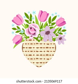Passover card with spring flower bouquet and matzah heart. Happy Passover Jewish holiday concept