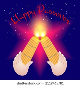 Passover card with two bunches of burning candles on a dark blue background with a bright star