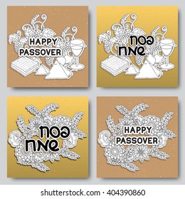 Passover  cards set.  Hand drawn elements on gold background. Happy Passover in Hebrew. Vector illustration.